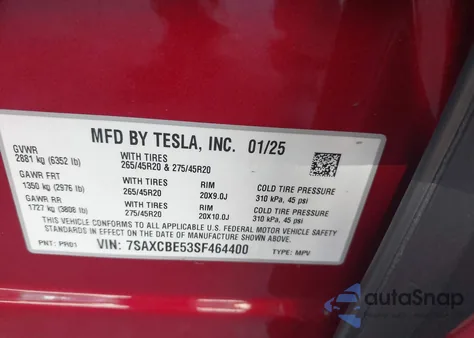 2025 Tesla Model X Long Range from USA, damaged, VIN 7SAXCBE53SF464400